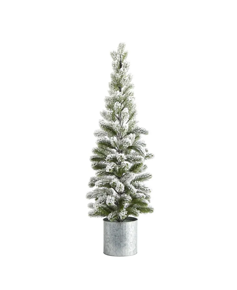 Nearly Natural Flocked Christmas Artificial Pine Tree in Tin Planter