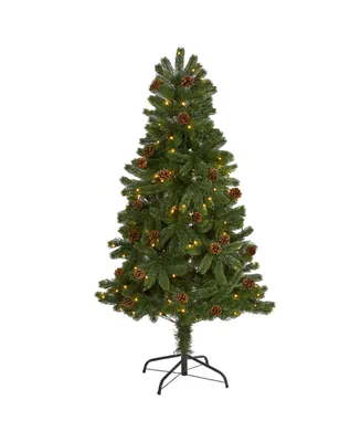 Nearly Natural Rocky Mountain Spruce Artificial Christmas Tree with Pinecones and 100 Clear Led Lights