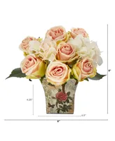 Nearly Natural Rose and Hydrangea Bouquet Artificial Arrangement in Floral Vase