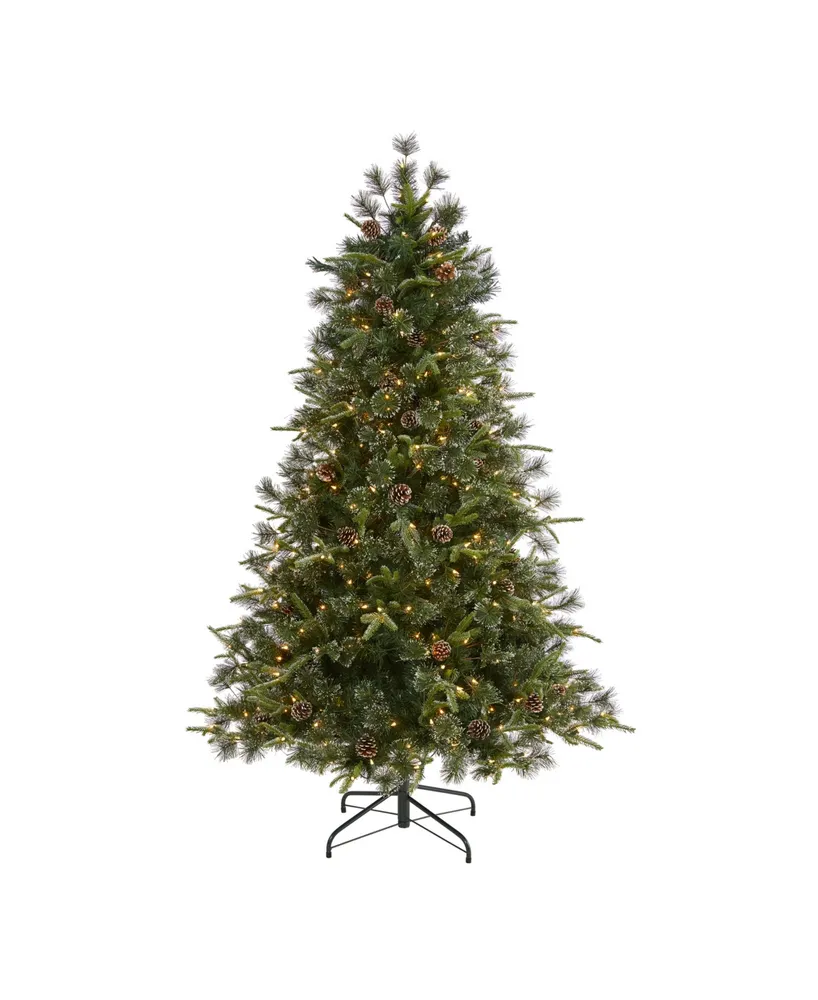 Nearly Natural Snowed Tipped Clermont Mixed Pine Artificial Christmas Tree with 250 Clear Led Lights, Pine Cones and 1242 Bendable Branches