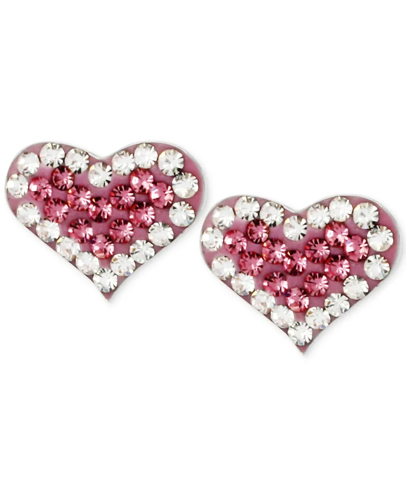 Betsey Johnson Silver-Tone Heart Pink Crystal Stud Earrings