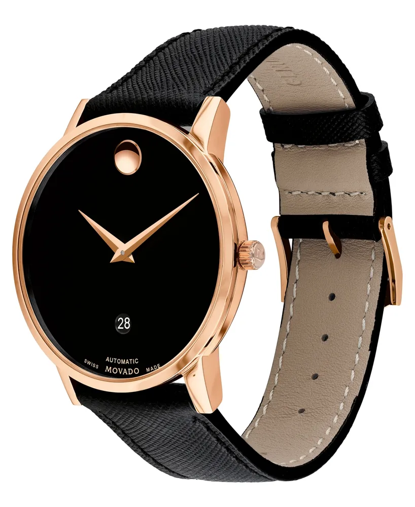 Movado Men's Swiss Automatic Museum Black Calfskin Strap Watch 40mm