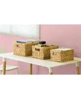 Vintiquewise Natural Woven Water Hyacinth Wicker Rectangular Storage Bin Basket with Handles, Set of 3