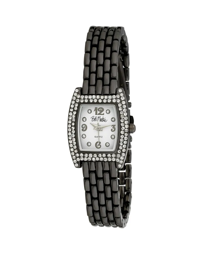 Bob Mackie Women's Black Alloy Bracelet Panther Link Square Stone Bezel Watch, 23mm