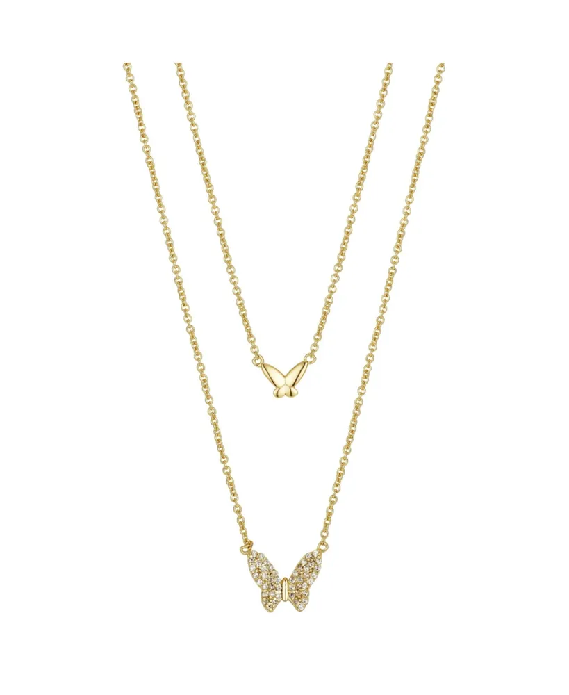 Gold Flash Plated Polished and Cubic Zirconia Butterfly Layer Necklace, 16" + 2" Extender