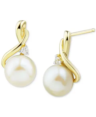 Cultured Freshwater Pearl (7mm) & Diamond Accent Drop Earrings in 10k Gold