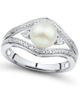 Cultured Freshwater Button Pearl (7mm) & Diamond Accent Ring in Sterling Silver