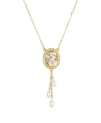 2028 Women's Gold Tone Ivory Porcelain Rose Oval Pendant with Imitation Pearl Drop Necklace