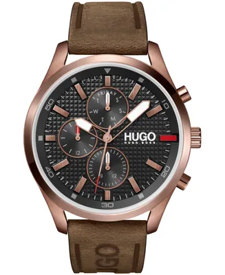 Hugo Men's #Chase Brown Leather Strap Watch 46mm