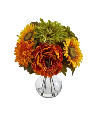 Peony, Dahlia and Sunflower Artificial Arrangement in Glass Vase