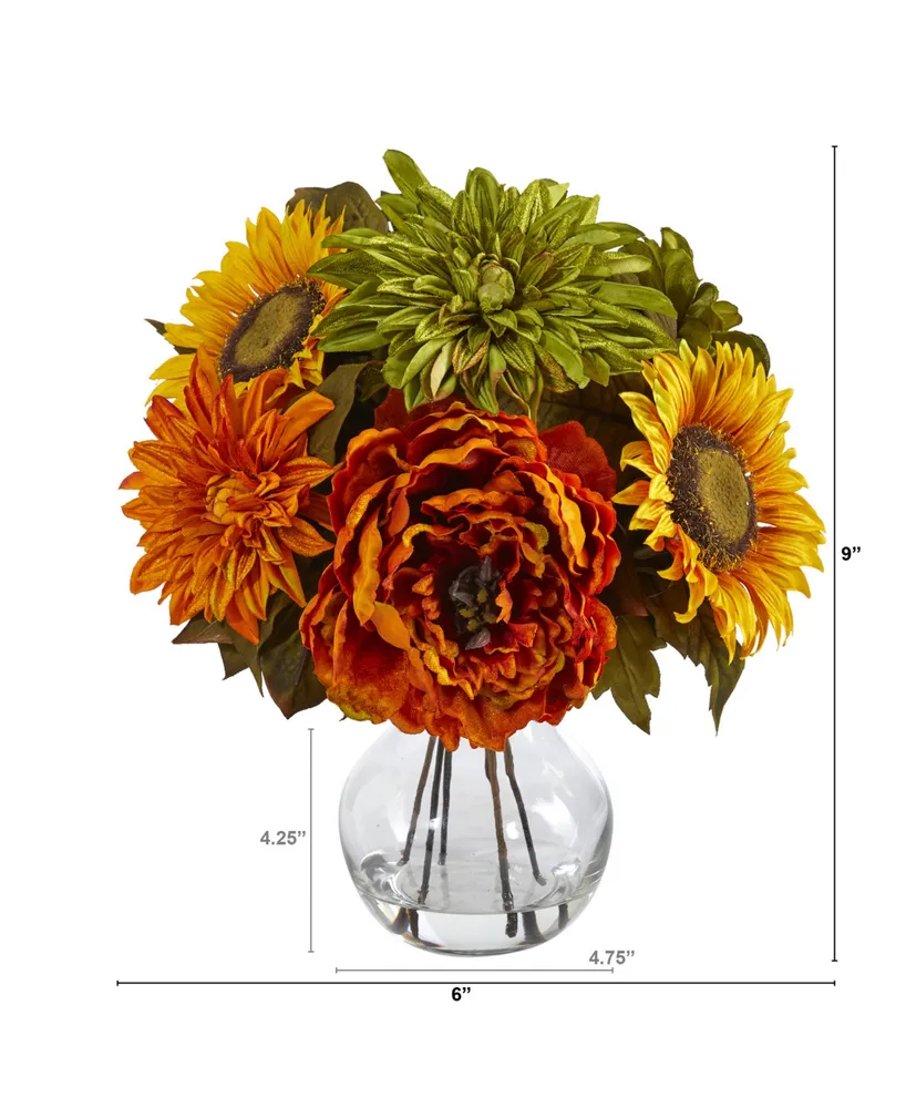 Peony, Dahlia and Sunflower Artificial Arrangement in Glass Vase