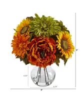 Peony, Dahlia and Sunflower Artificial Arrangement in Glass Vase