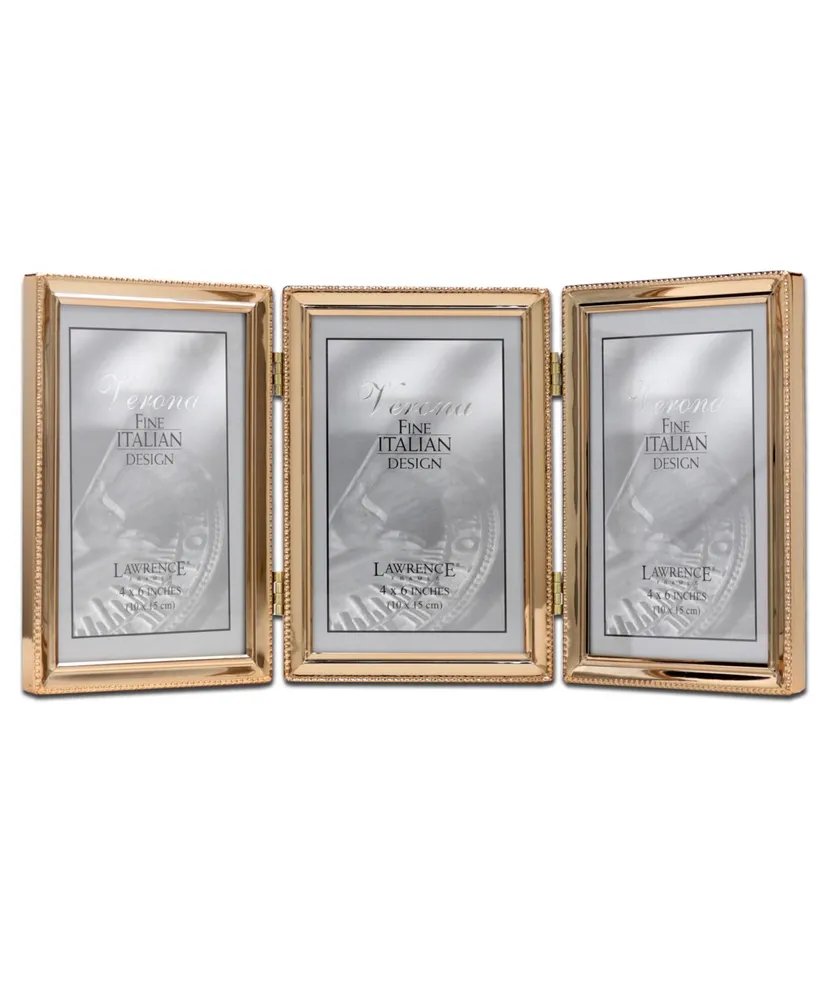 Polished Metal Hinged Triple Picture Frame - Bead Border Design, 4" x 6" - Gold