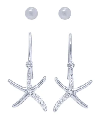 Diamond Accent Starfish Fishhook Ball Gold Plate Or Silver Plate Stud Set