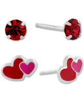 Giani Bernini 2-Pc. Set Crystal Solitaire & Enamel Heart Stud Earrings in Sterling Silver, Created for Macy's