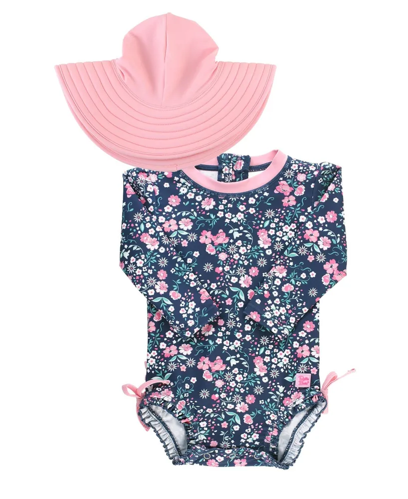 Baby Girls Ruffled Rash Guard Swimsuit with Hat Upf 50, 2 Piece Set