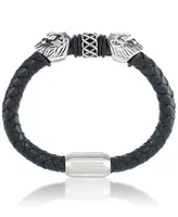 Andrew Charles by Andy Hilfiger Men's Black Leather Lion Head Bracelet in Stainless Steel