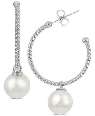 Cultured Freshwater Pearl (8mm) Dangle Hoop Earrings in Sterling Silver