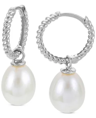 Cultured Freshwater Pearl (8-9mm) Dangle Hoop Earrings in Sterling Silver