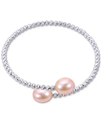 Pink Cultured Freshwater Pearl (9-10mm) Bypass Bangle Bracelet Sterling Silver (Also White Pearl)