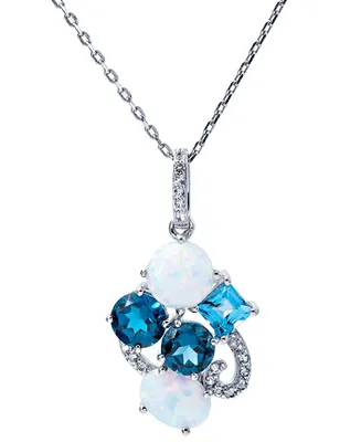 Lab-Grown Opal (1 1/3 ct.t.w) and Blue Topaz (2 1/2 ct.t.w) Cluster Pendant Necklace in Sterling Silver