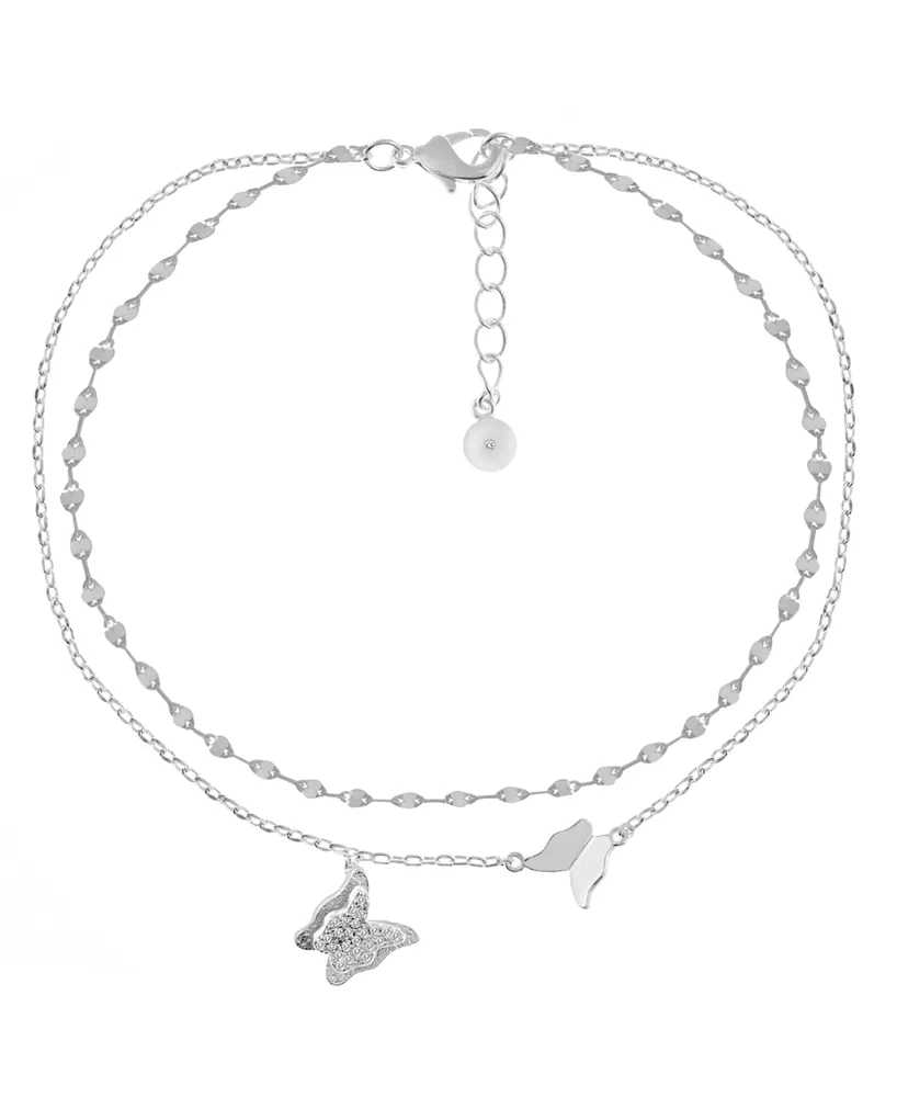 And Now This Cubic Zirconia Double Row Butterfly Charm Anklet in Silver Plate