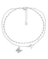 And Now This Cubic Zirconia Double Row Butterfly Charm Anklet in Silver Plate