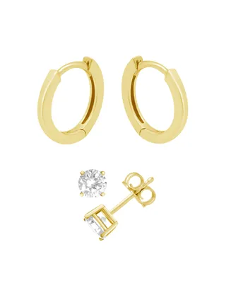 And Now This Cubic Zirconia Round Stud & Polished Huggie Hoop in Gold Plate or Silver Plate