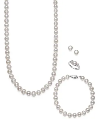 Belle de Mer 4-Pc. Set Cultured Freshwater Pearl (7-8mm) Necklace, Bracelet, Stud Earrings & Ring in Sterling Silver