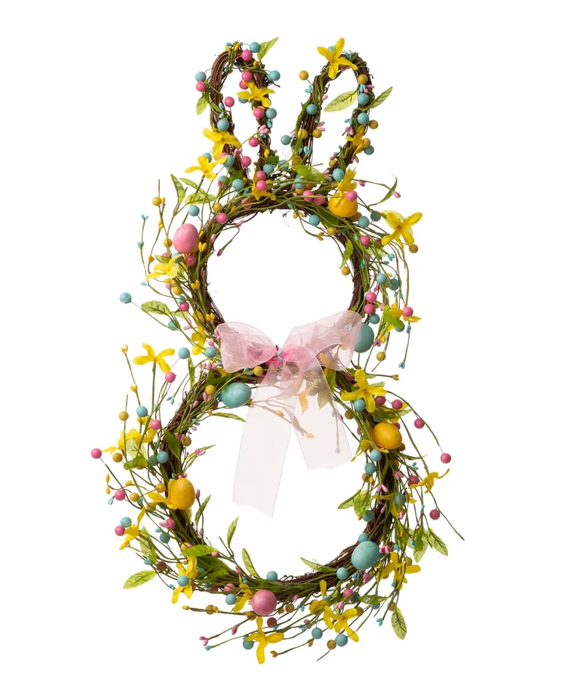 Glitzhome 24.5"H Easter Bunny Shaped Wreath with Eggs Satin Ribbon Bow