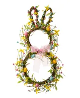 Glitzhome 24.5"H Easter Bunny Shaped Wreath with Eggs Satin Ribbon Bow