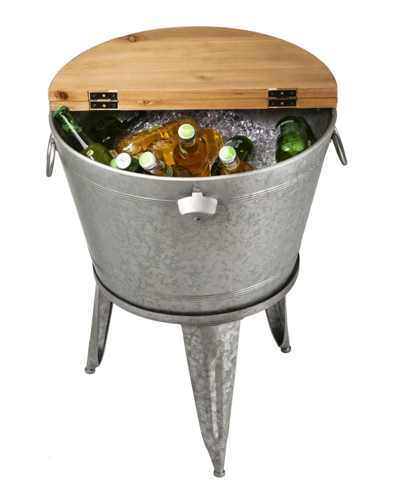 Glitzhome 26.29"H Galvanized Beverage Tub with Metal Stand or Accent Table with Firwood Lid