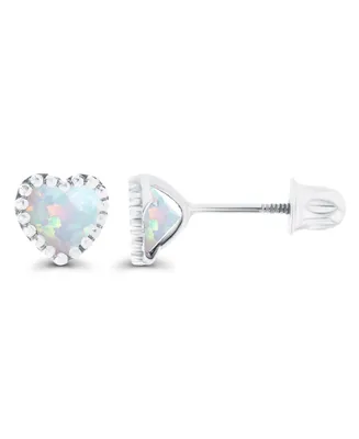 Created White Opal Heart Screwback Earrings Sterling Silver (Also 14k Rose Gold Over or Silver)