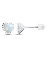 Created White Opal Heart Screwback Earrings Sterling Silver (Also 14k Rose Gold Over or Silver)