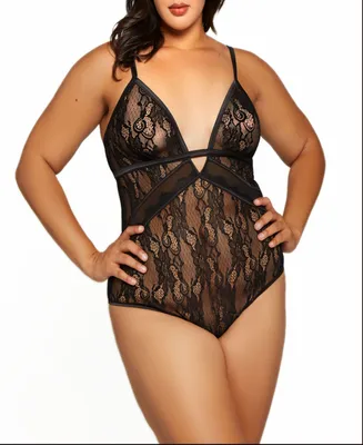 Plus Camellia all Over Lace and Fine Mesh Lingerie Teddy