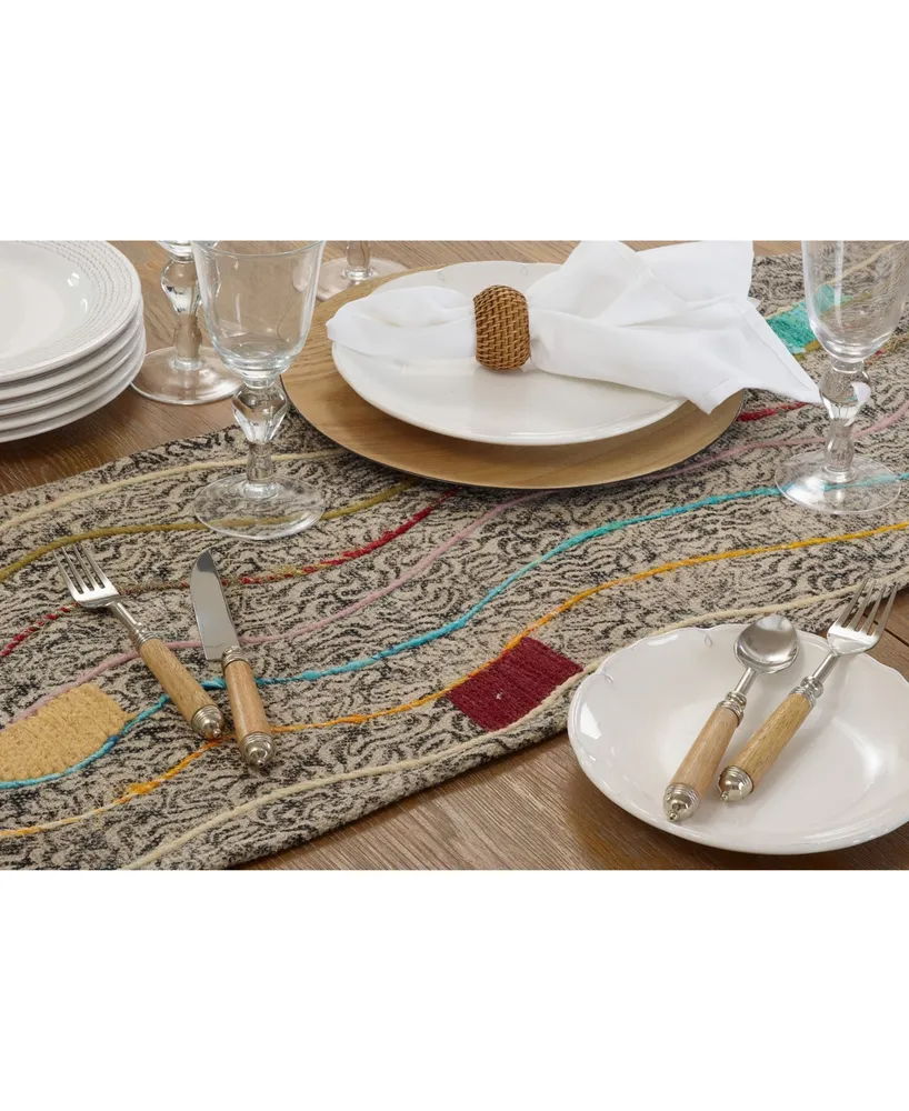 Saro Lifestyle Embroidered Table Runner with Block Print Design, 72" x 16"