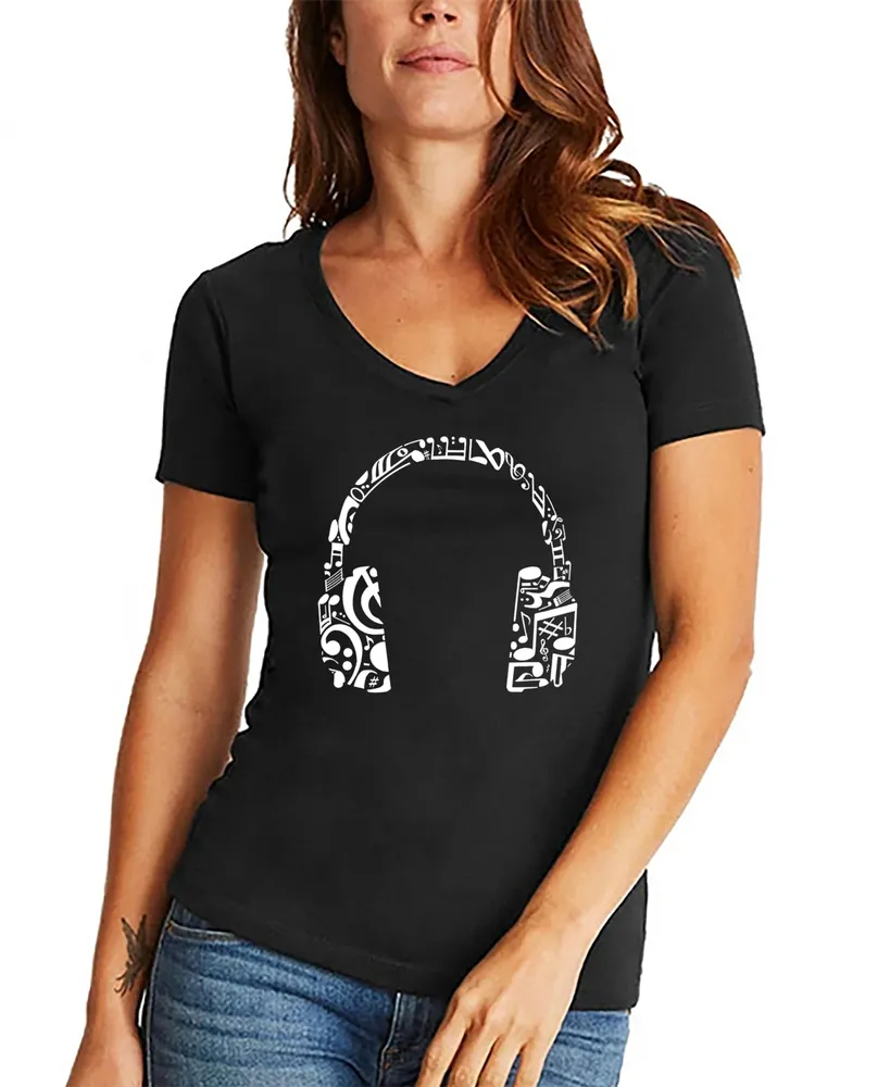 Women's Word Art Music Note Headphones V-Neck T-Shirt