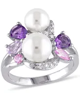 Cultured Freshwater Pearl (6-1/2 & 7-1/2mm) Multi-Gemstone (1-3/8 ct. t.w.) Cluster Ring Sterling Silver