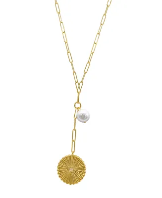 Sunburst Pendant Y- Necklace with Pearl Drop - Yellow Gold