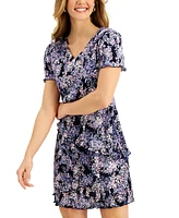Connected Petite Pleated Floral-Print Tiered Dress