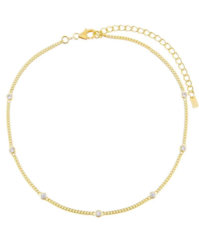 Cubic Zirconia Bezel Cuban Chain Choker, 12+3" extender in 14K Gold over Sterling Silver