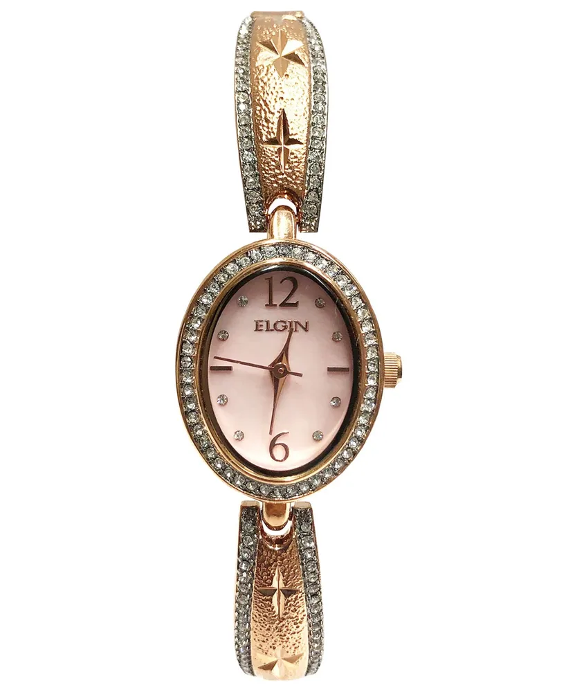 Elgin Women's Oval Face with Diamond Half Bangle Rose-Tone Strap Watch - Rose Gold