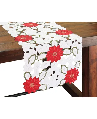 Xia Home Fashions Holiday Poinsettia Embroidered Cutwork Table Runner