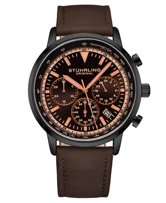 Men's Chrono Dark Brown Genuine Leather Strap Watch 44mm