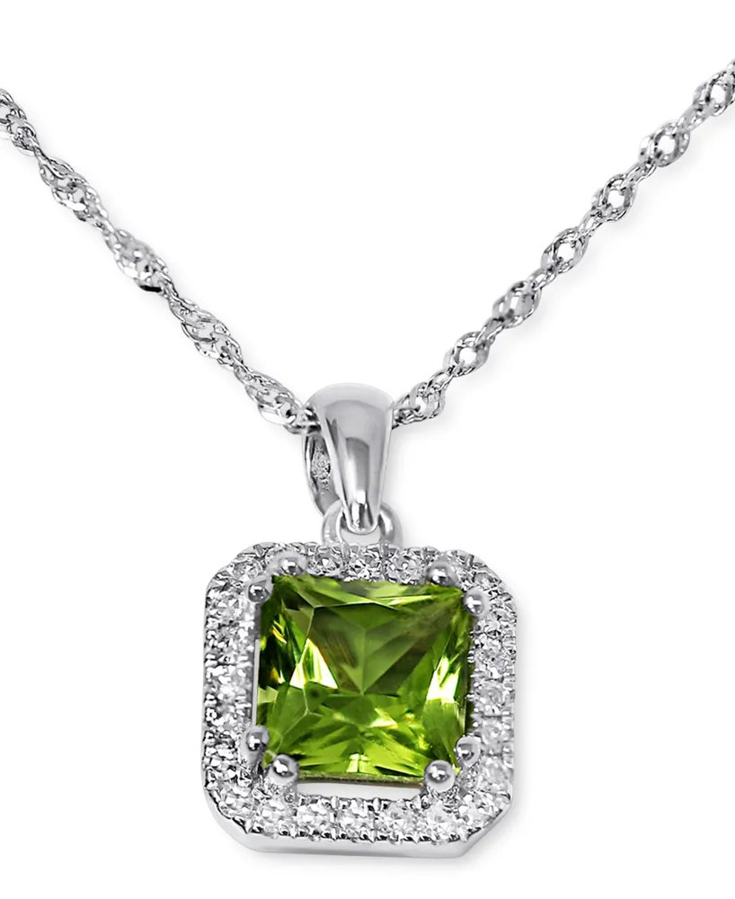 Peridot (7/8 ct. t.w.) & Diamond (1/10 ct. t.w.) Halo Pendant Necklace in 14k White Gold, 16" + 2" extender