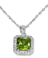 Peridot (7/8 ct. t.w.) & Diamond (1/10 ct. t.w.) Halo Pendant Necklace in 14k White Gold, 16" + 2" extender