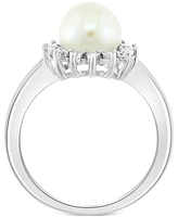 Effy Cultured Freshwater Pearl (7mm) & Diamond (1/20 ct. t.w.) Halo Ring in Sterling Silver