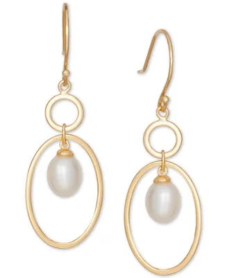 Cultured Freshwater Pearl (6x8mm ) Oval Orbital Drop Earrings in 18k Gold-Plated Sterling Silver