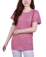 Women's Short Eyelet-Cut-out Sleeve Scoop Neck Top