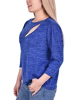 Women's 3/4 Sleeve Cutout Neck Top with Studs